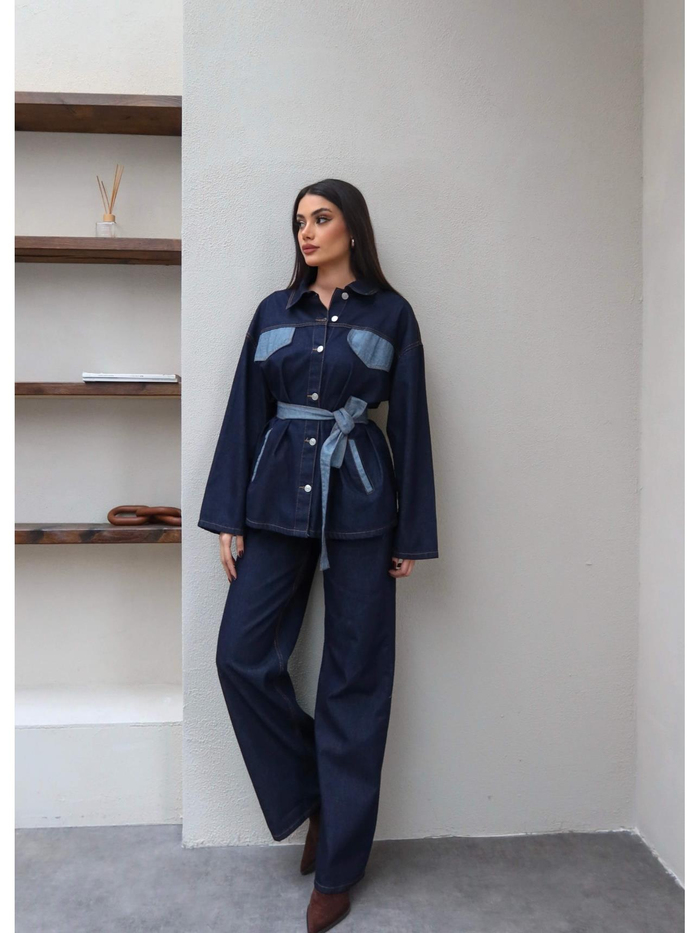 Yan Cepli Kuşaklı Denim Takım
