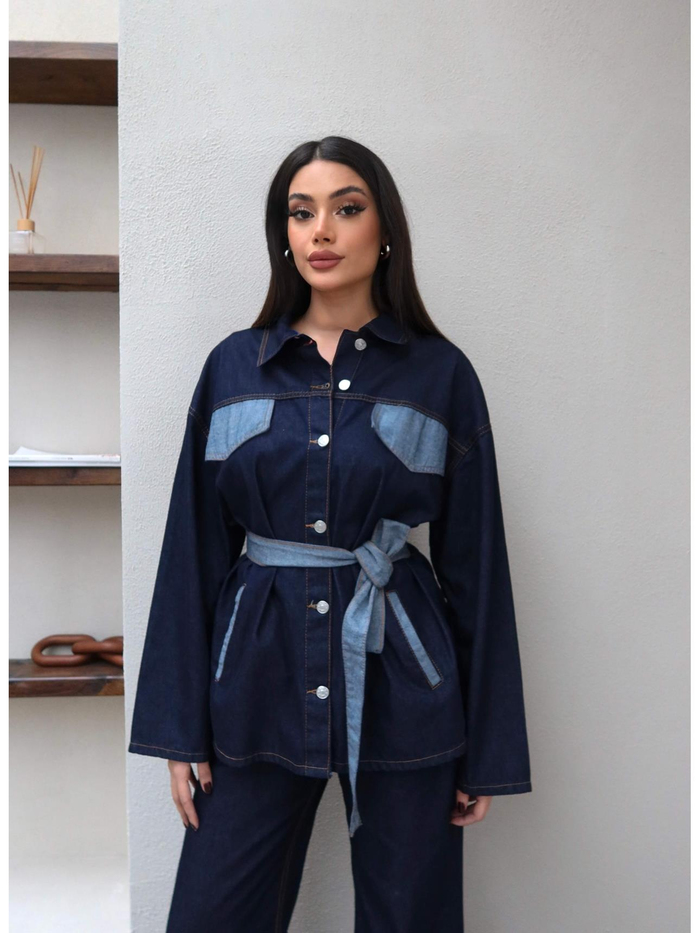 Yan Cepli Kuşaklı Denim Takım