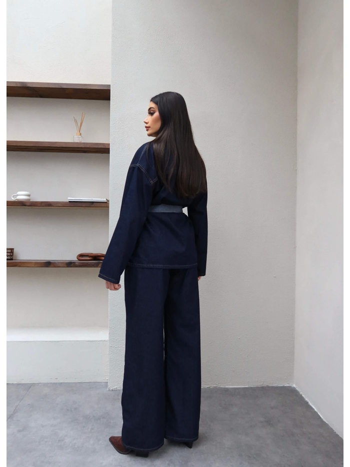 Yan Cepli Kuşaklı Denim Takım