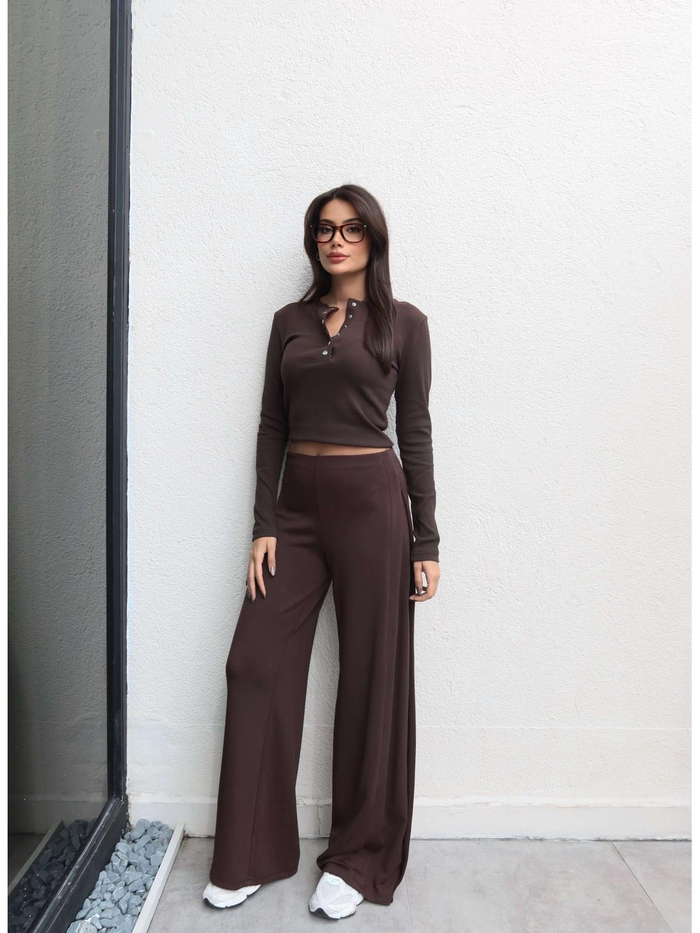 Yan Pile Detaylı Geniş Paça Pantolon