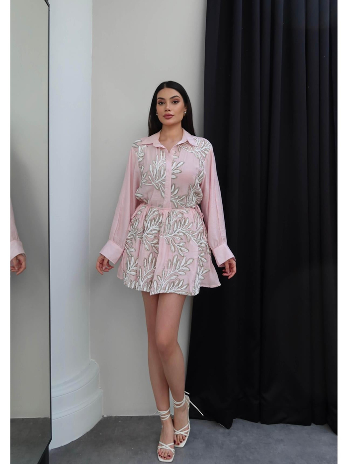 Yaprak Desenli Gömlek Etek Takım
