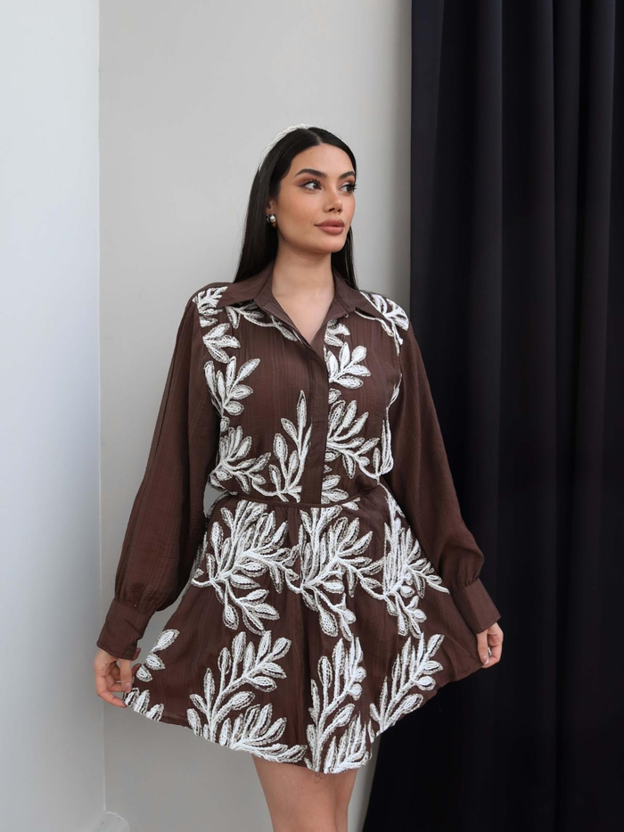 Yaprak Desenli Gömlek Etek Takım
