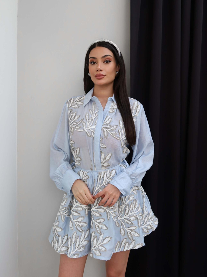 Yaprak Desenli Gömlek Etek Takım