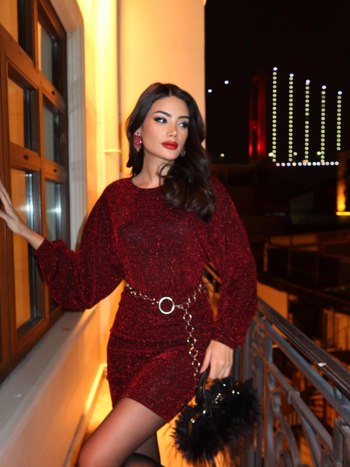Yarasa Kol Bel Lastikli Simli Elbise