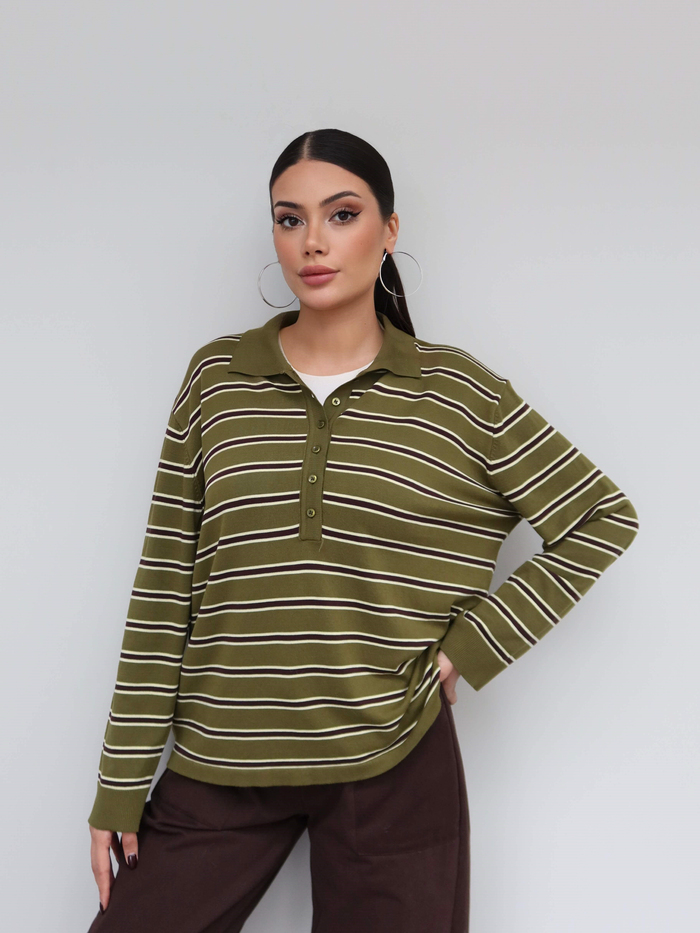 Yarım Düğmeli Çizgili Triko Bluz