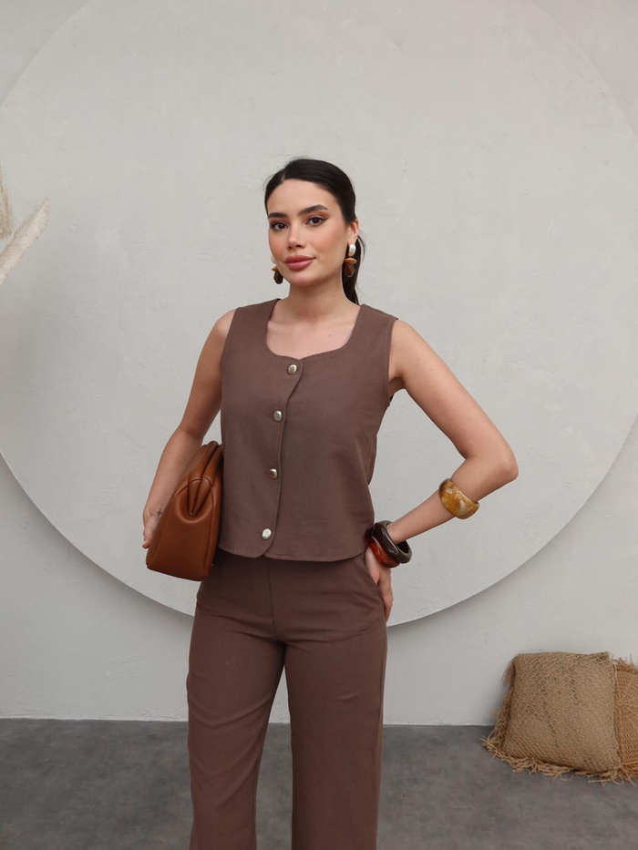 Yelekli Keten Pantolon Takım