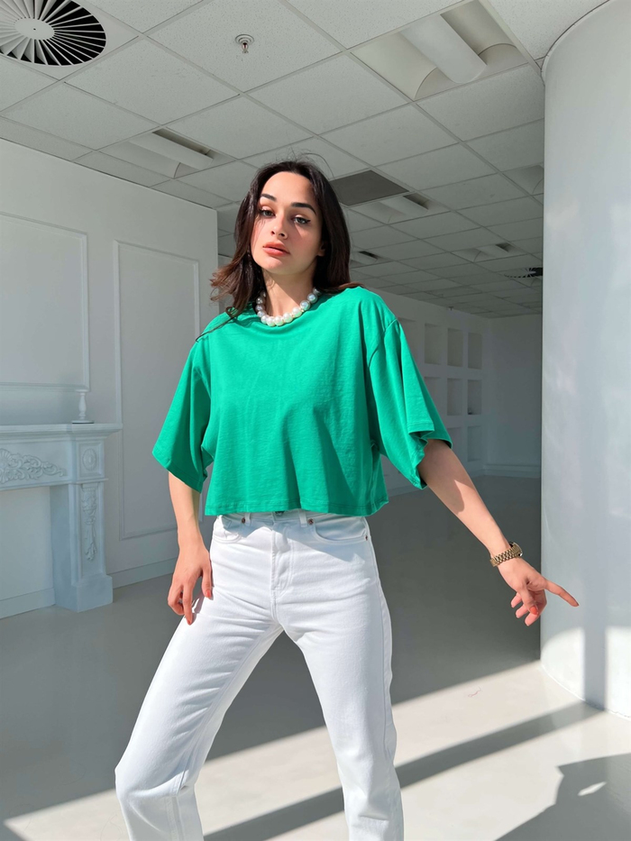 Yeşil Arka Çizgi Garni Oversize Tshirt