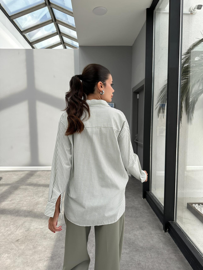 Yeşil Çizgili Oversize Gömlek