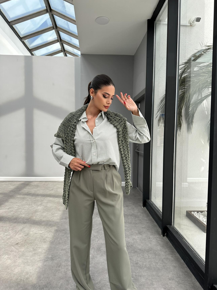 Yeşil Çizgili Oversize Gömlek