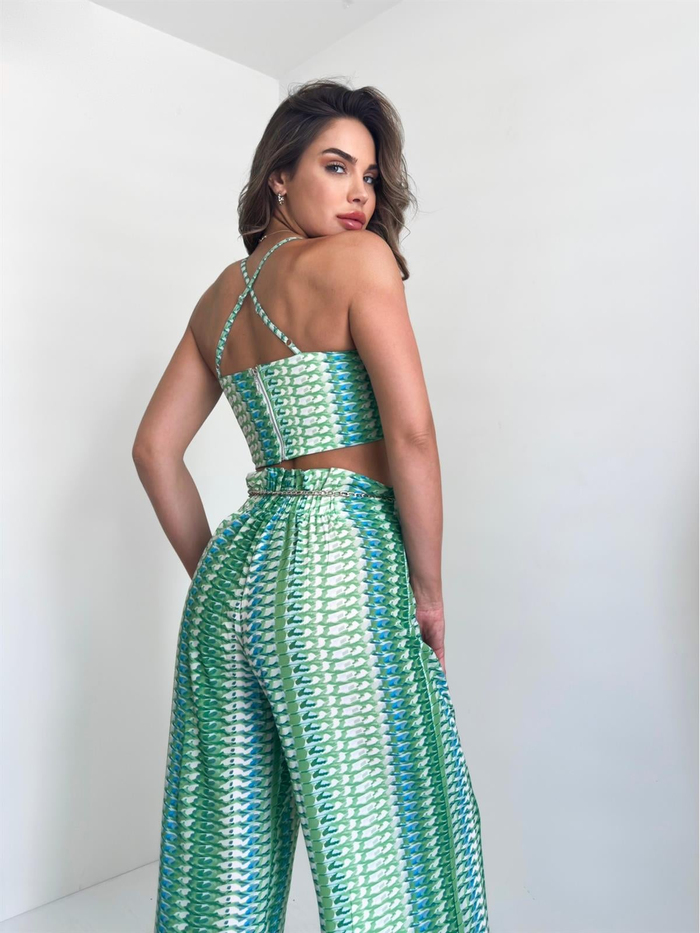 Yeşil Desenli Crop Takım