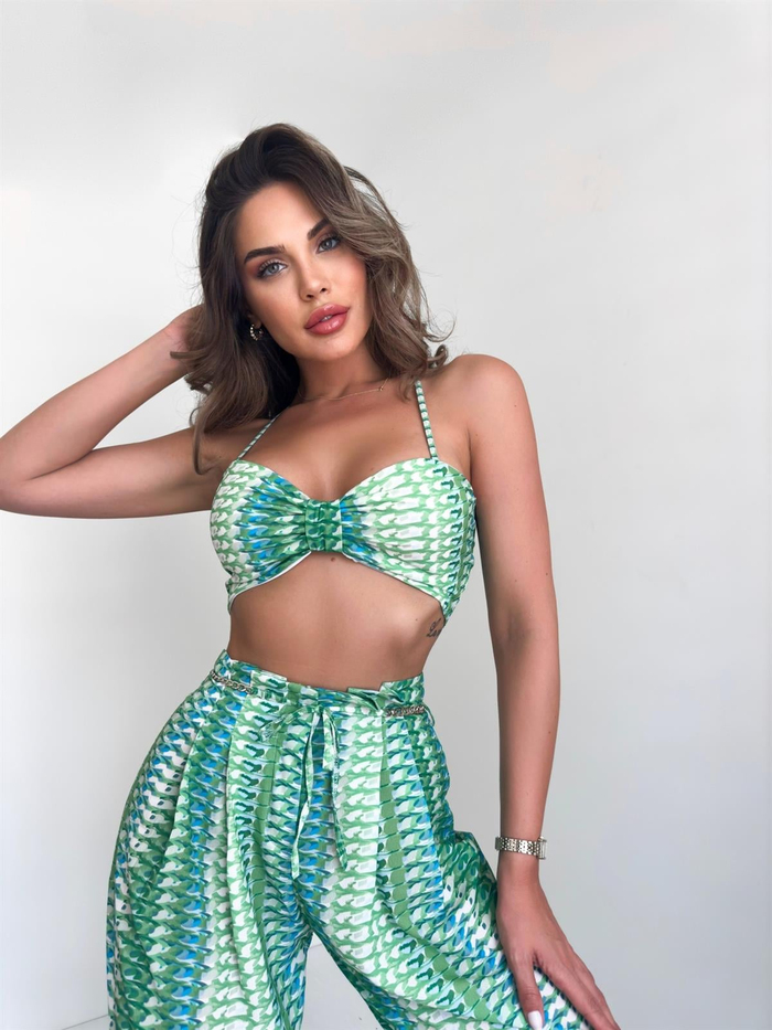 Yeşil Desenli Crop Takım