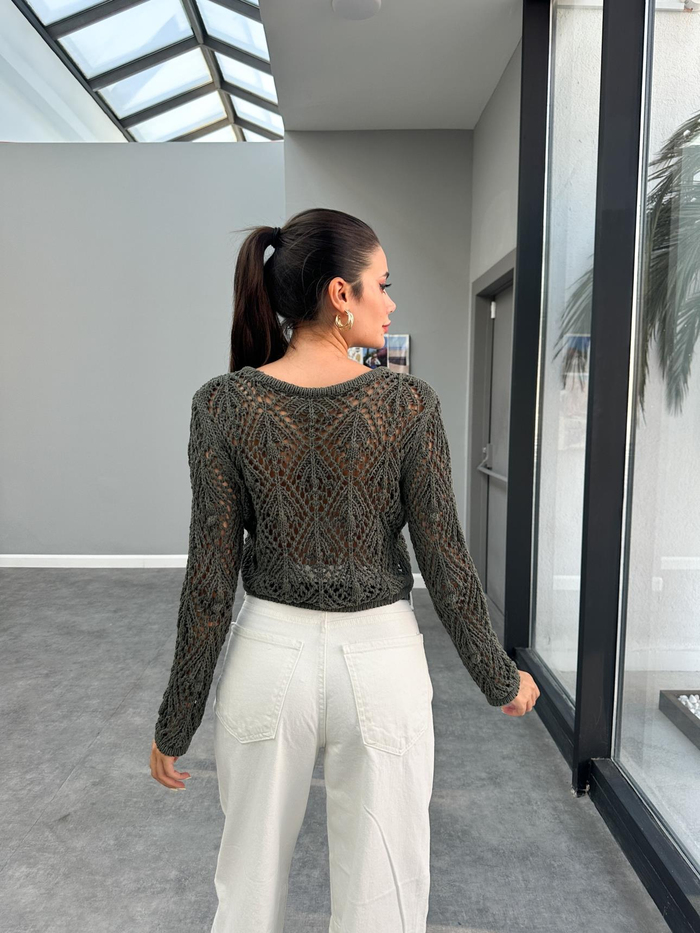 Yeşil Uzun Kollu Ajurlu Crop Triko