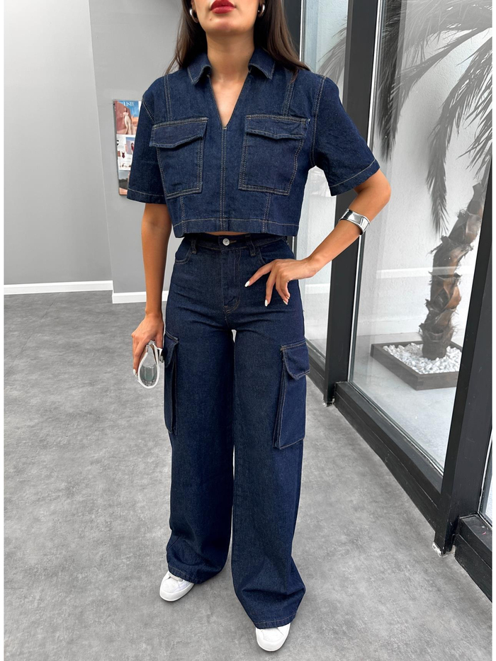 Yıkamalı Kargo Cep Denim Takım