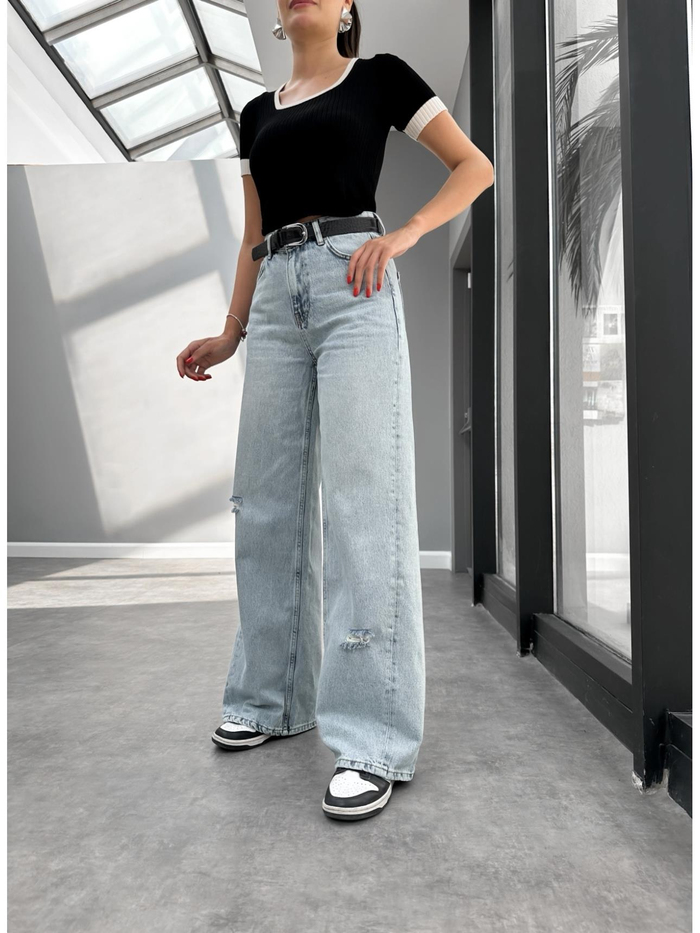 Yırtık Detay Wide Leg Blue Jean
