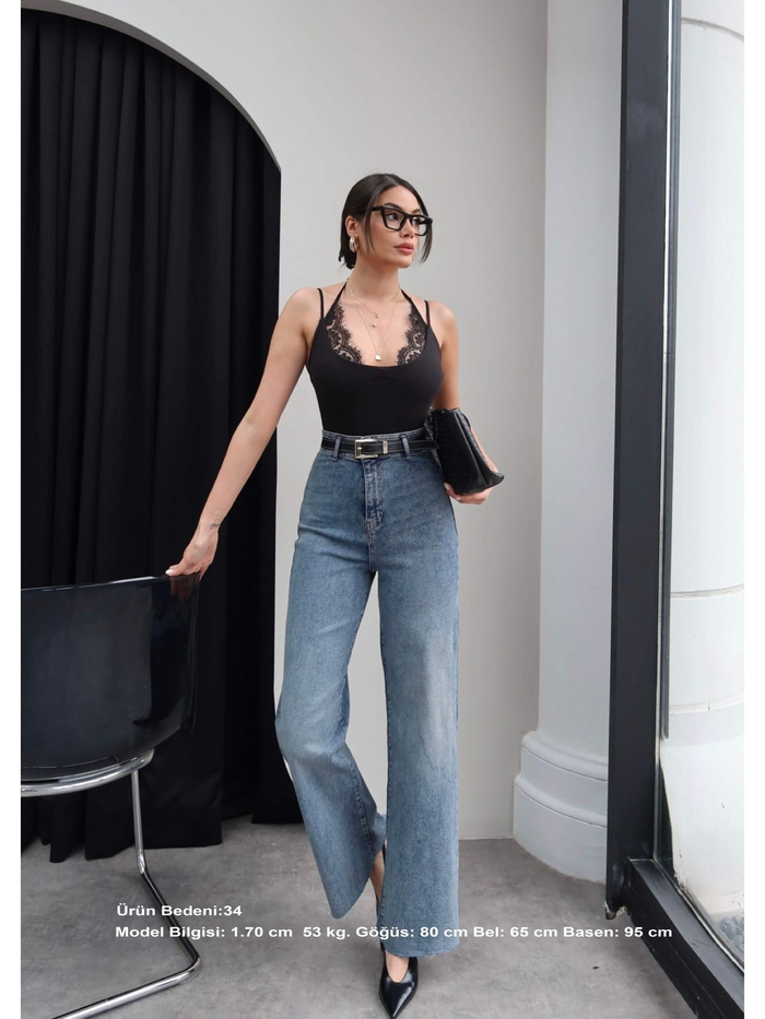 Yüksek Bel Kemerli Wide Leg Jean