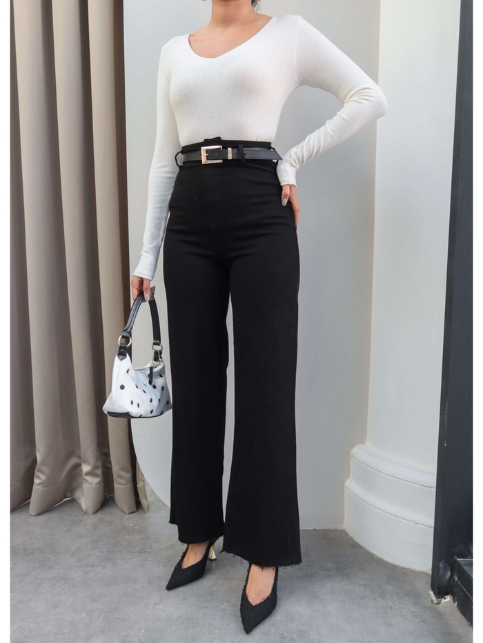 Yüksek Bel Kemerli Wide Leg Jean