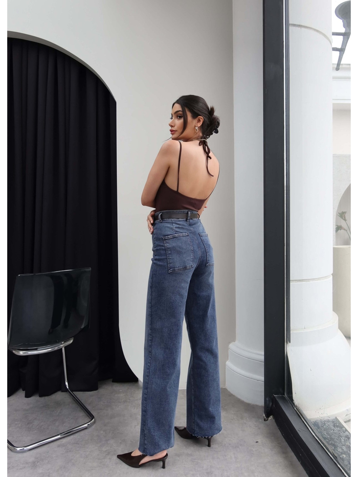 Yüksek Bel Kemerli Wide Leg Jean