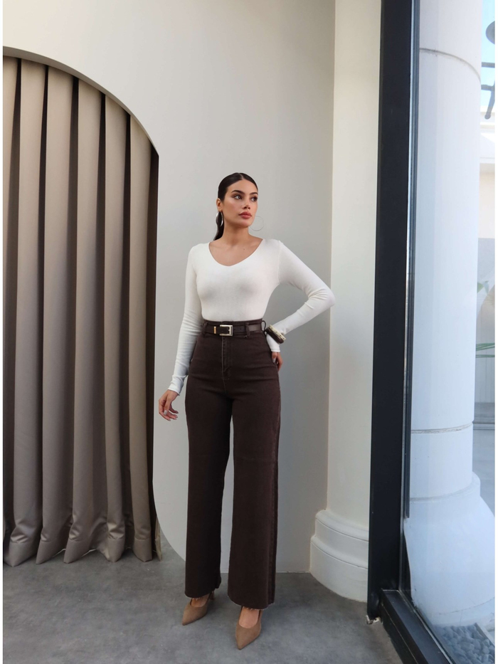 Yüksek Bel Kemerli Wide Leg Jean