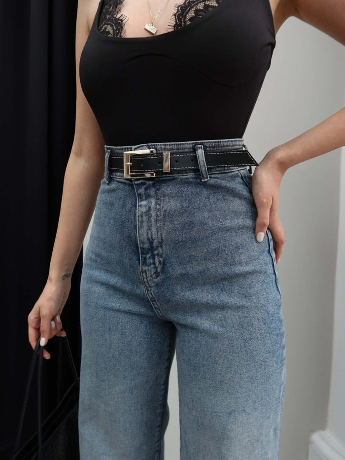 Yüksek Bel Kemerli Wide Leg Jean