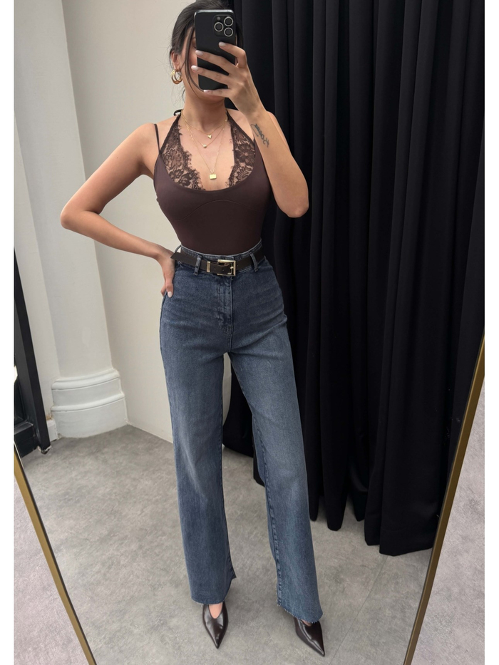 Yüksek Bel Kemerli Wide Leg Jean