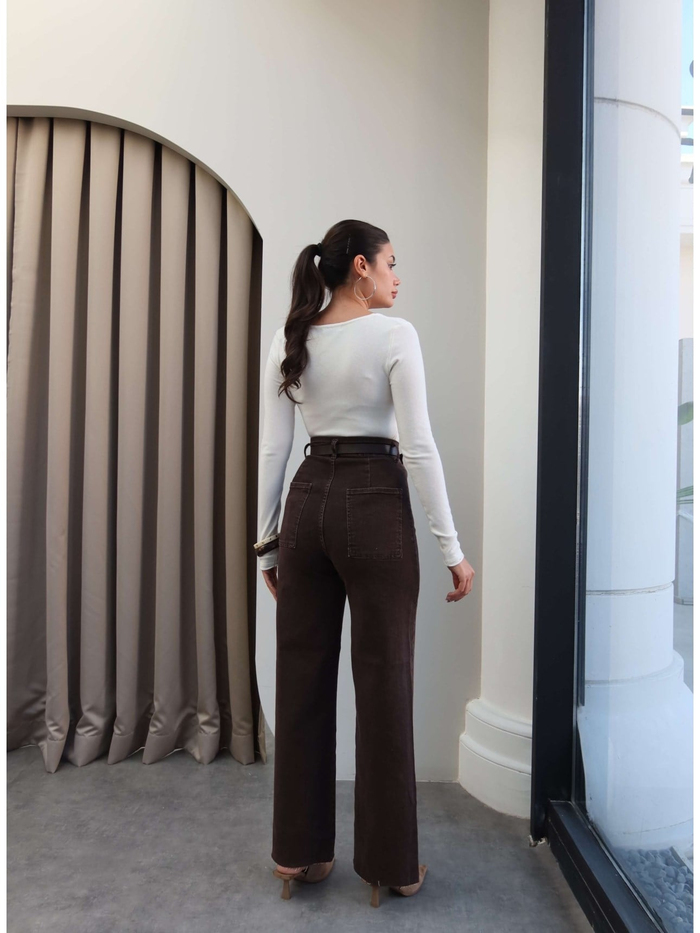 Yüksek Bel Kemerli Wide Leg Jean