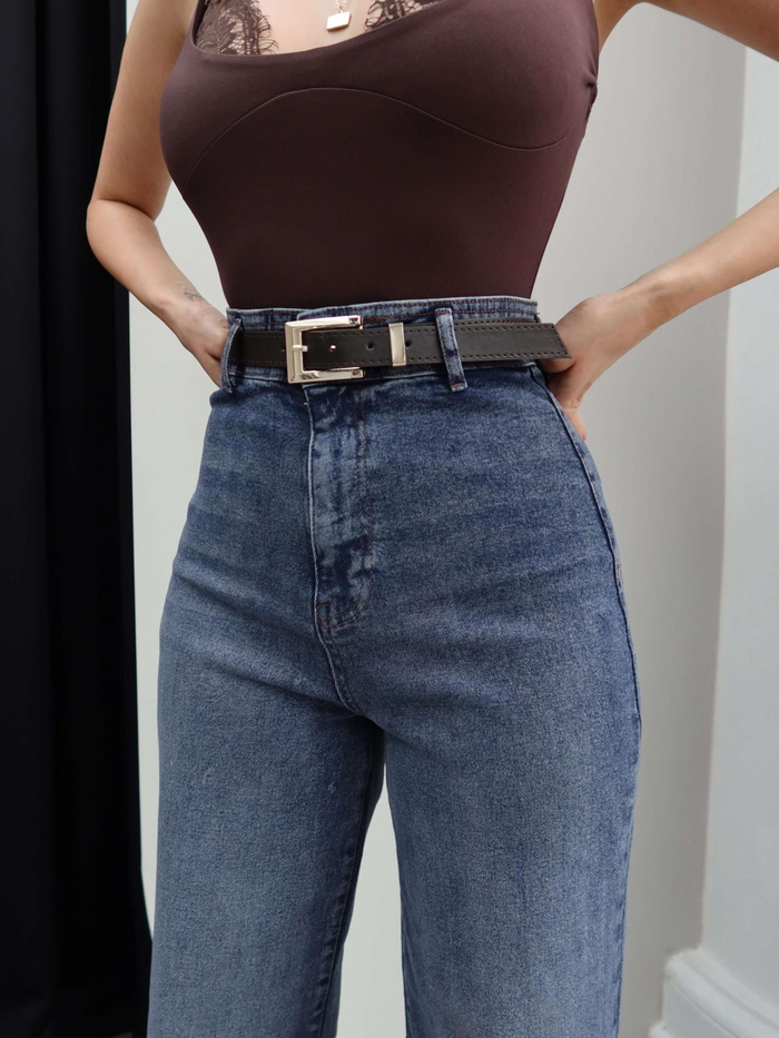 Yüksek Bel Kemerli Wide Leg Jean