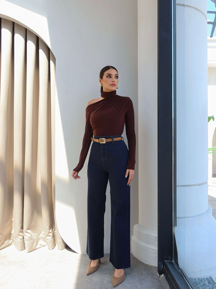 Yüksek Bel Kemerli Wide Leg Jean