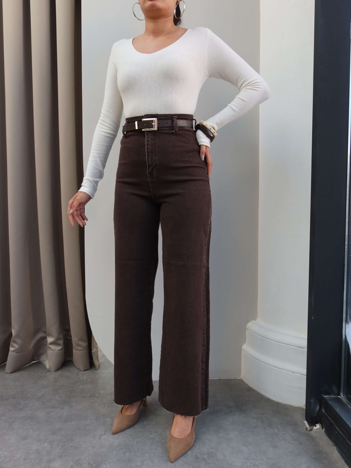 Yüksek Bel Kemerli Wide Leg Jean