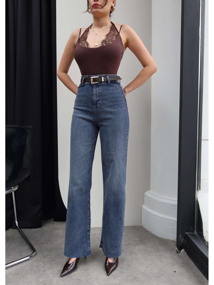 Yüksek Bel Kemerli Wide Leg Jean