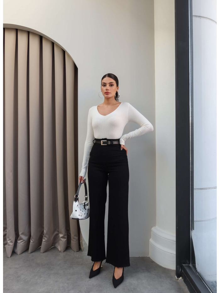 Yüksek Bel Kemerli Wide Leg Jean