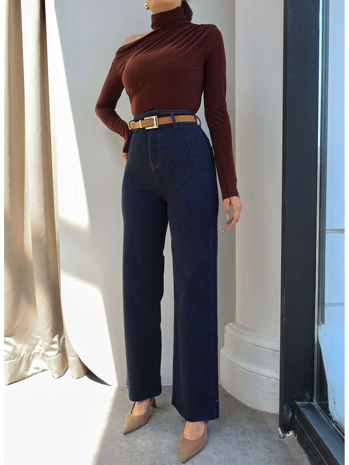 Yüksek Bel Kemerli Wide Leg Jean