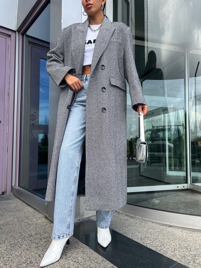 Yün Karışımlı Herringbone Blend Long Kaban