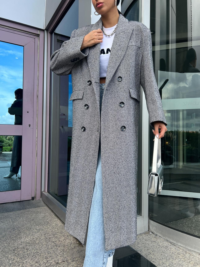 Yün Karışımlı Herringbone Blend Long Kaban
