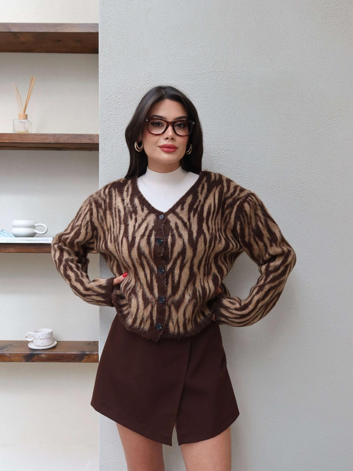 Zebra Desen Düğmeli Hırka