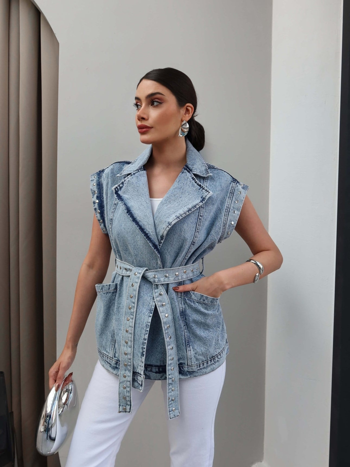 Zımba Detaylı Kuşaklı Denim Yelek