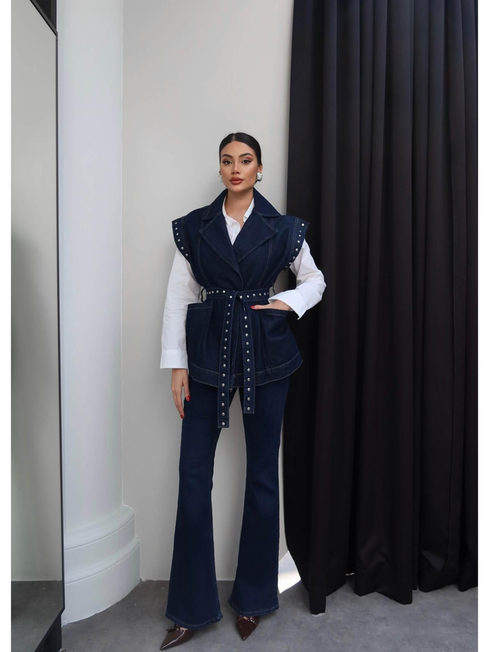 Zımba Detaylı Kuşaklı Denim Yelek