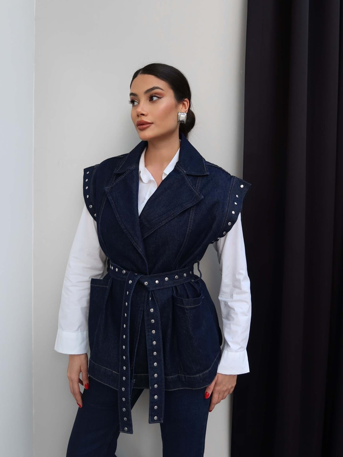 Zımba Detaylı Kuşaklı Denim Yelek