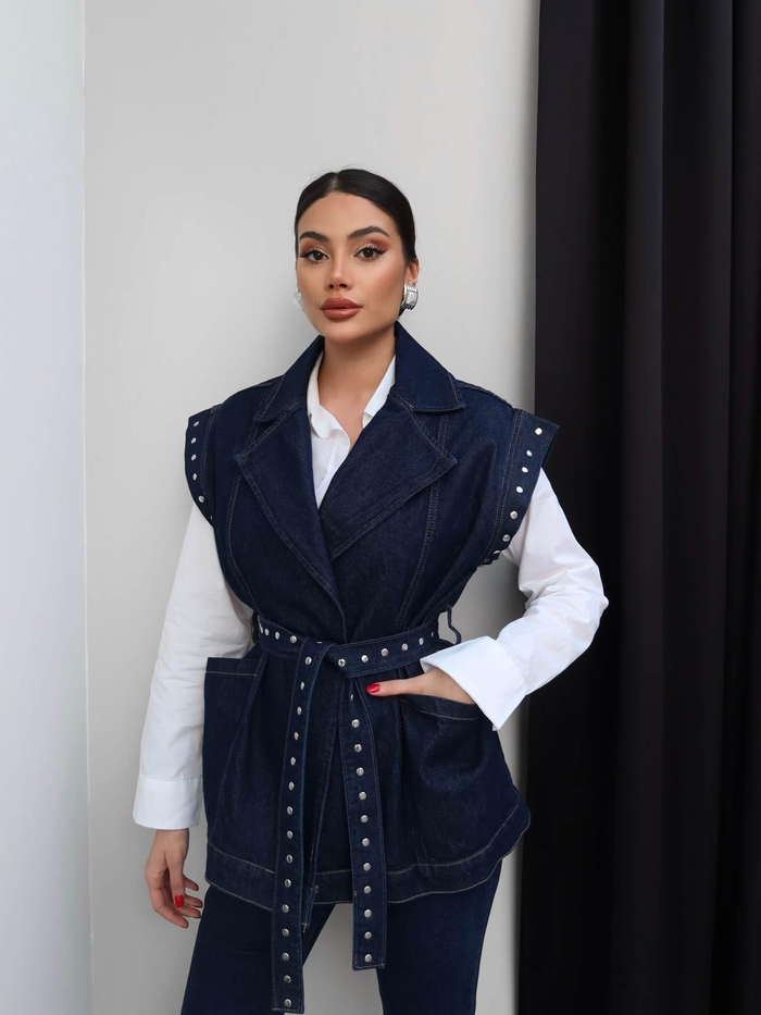Zımba Detaylı Kuşaklı Denim Yelek