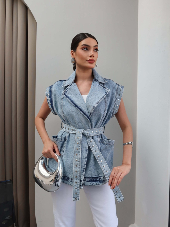 Zımba Detaylı Kuşaklı Denim Yelek