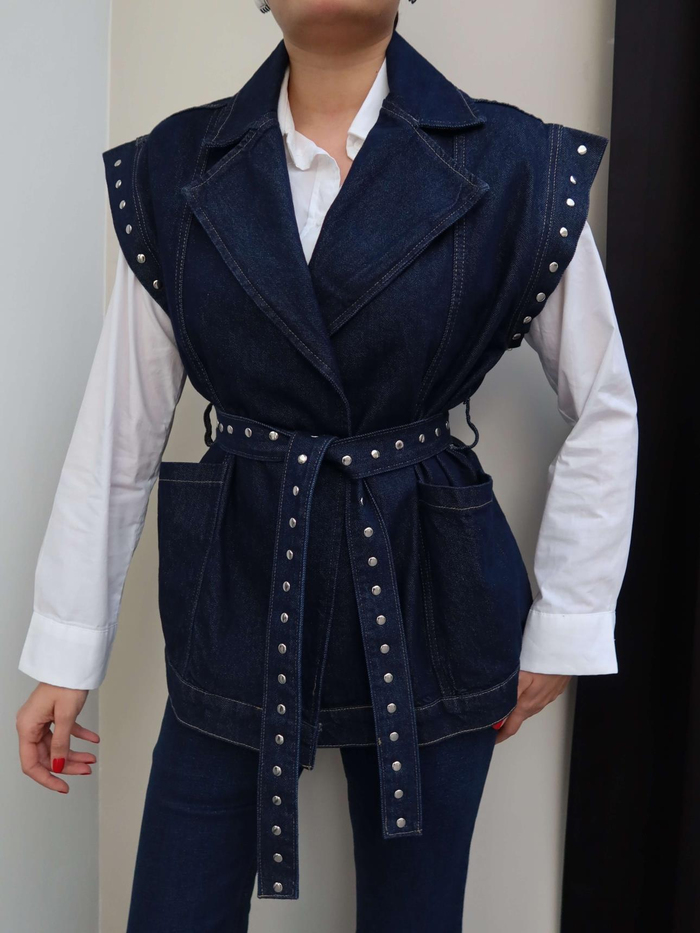Zımba Detaylı Kuşaklı Denim Yelek