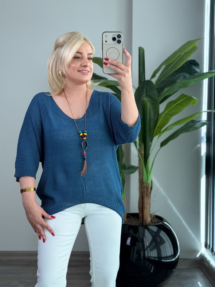 Asimetrik Kesim Triko Bluz İNDİGO-23MeUST00173