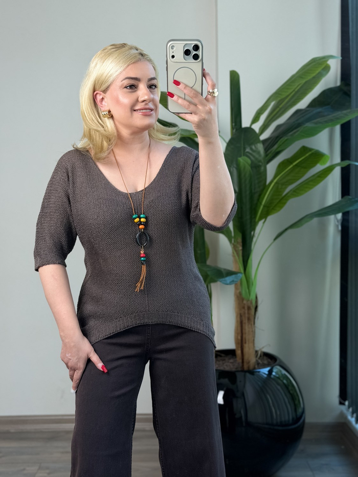 Asimetrik Kesim Triko Bluz KAHVE-23MeUST00173