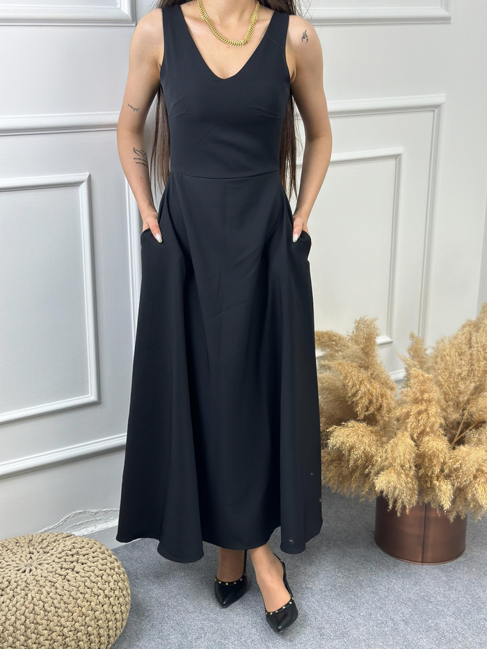 Askılı  V yaka Kloş Elbise SİYAH-23YELB000049