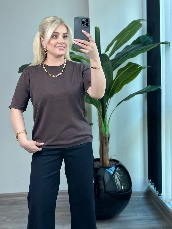 Basic Yaka Kısa Kollu Triko KAHVE-23MeUST00102