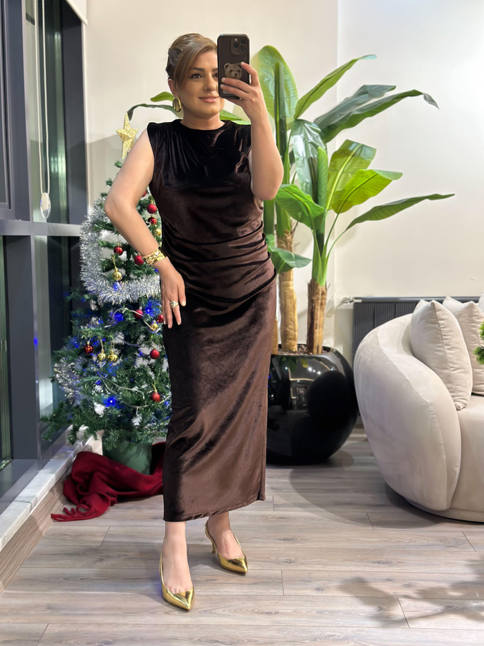 Beli Drapeli Maxi Kadife Elbise KAHVE-23KELB000020