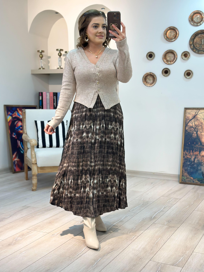 Beli Lastikli Pamuk Saten Kırışık Etek KAHVE-23KALT000028