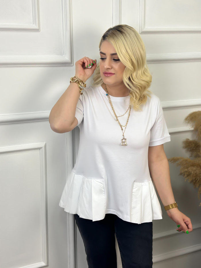 Bisikilet Yaka Altı Poplin Detaylı Tshirt BEYAZ-23YUST000010