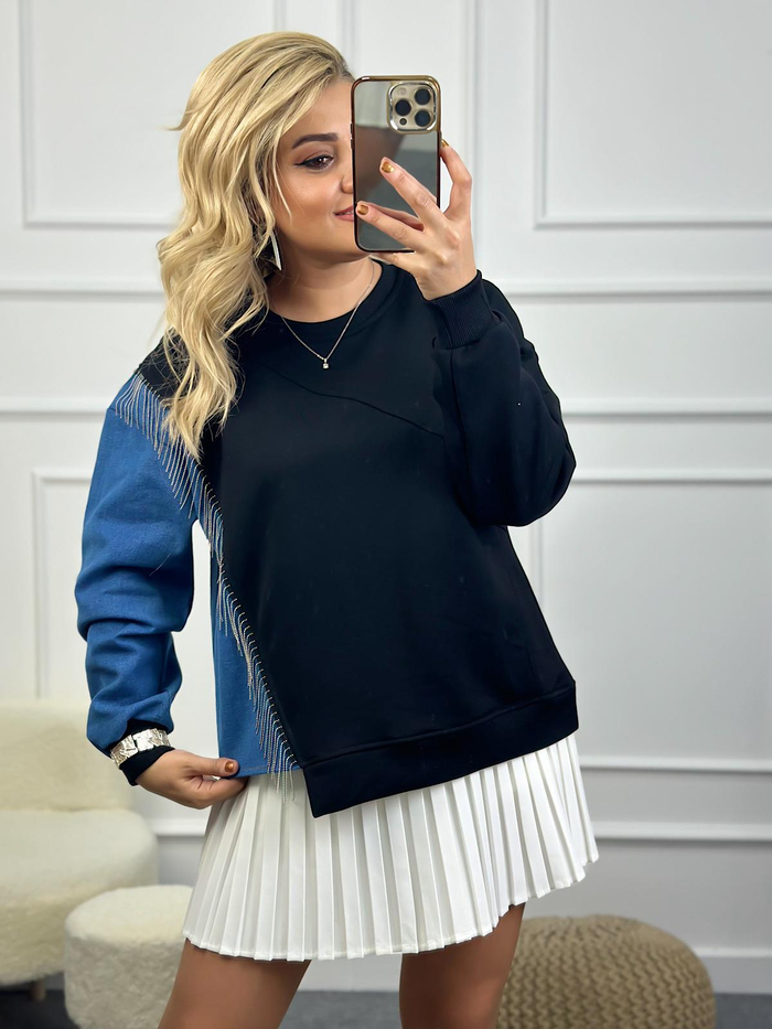 Bisiklet Yaka Kollu  Jean Detaylı Zincirli Sweatshirt SİYAH-23MeUST00090