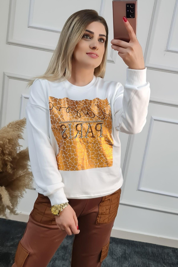 Bronz Baskılı Sweatshırt BEYAZ-23KUST000005