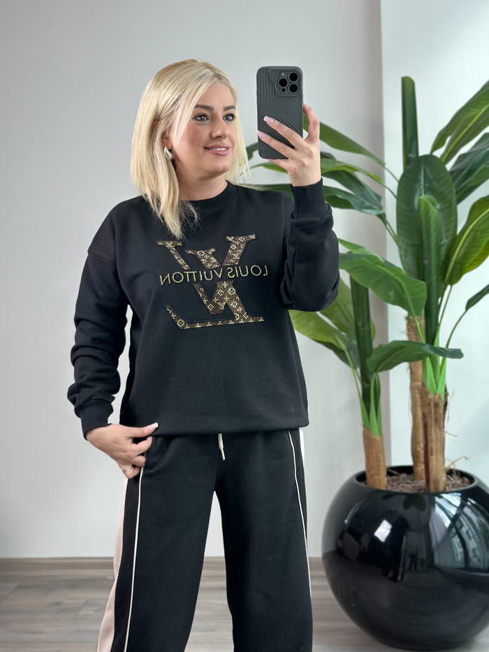 Büyük Taşlı Amblem Baskılı Sweatshirt SİYAH-23KUST000147
